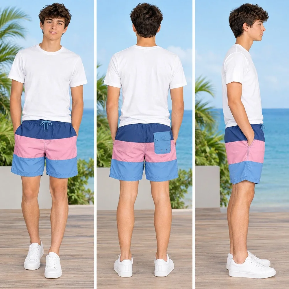 Vineyard Vines Swim Trunks Boys L(16) Blue Pink Color-Blocked Drawstring Waist